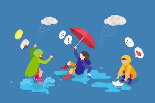 3D Isometric Flat Conceptual Illustration of Walking Outdoors In Rain, Fun on Rainy Day vector