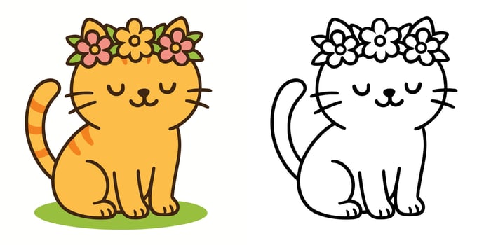 Coloring Book For Kids Cute Cartoon Cat wearing flower crown Illustration vector