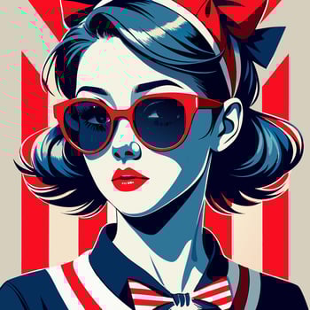 Portrait of a girl with a bow and sunglasses in red, white and blue colors. In the style of the American flag.. Illustration vector