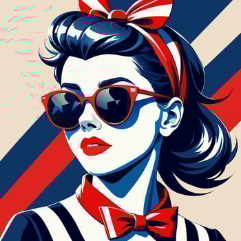 Portrait of a girl with a bow and sunglasses in red, white and blue colors. In the style of the American flag. vector