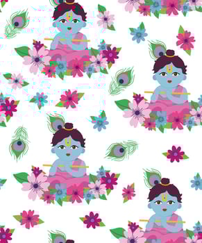 children's interesting seamless pattern flowers peacock small feathers krishna on white background janmashtami celebration festival wallpaper for textile vector
