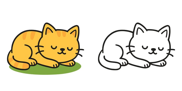 Coloring Book For Kids Cute Cartoon Sleepy cat on grass Illustration vector
