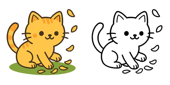Coloring Book For Kids Cute Cartoon Kitten pawing at petals Illustration vector