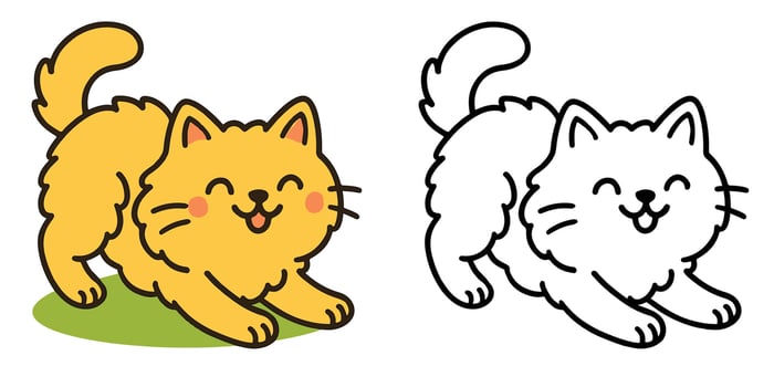 Coloring Book For Kids Cute Cartoon Fluffy cat stretching happily Illustration vector