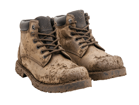 Durable work boots covered in mud after outdoor activities png