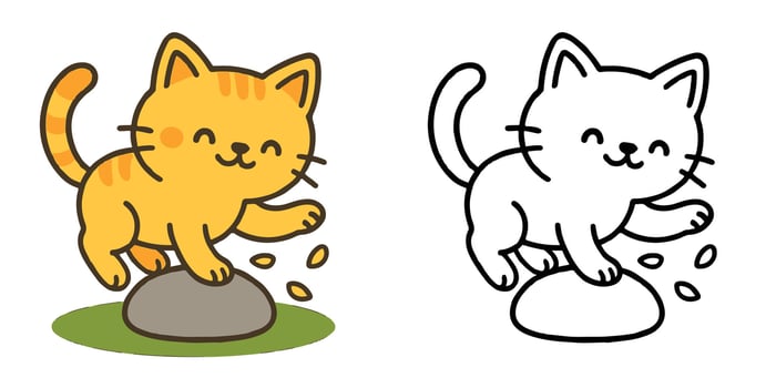Coloring Book For Kids Cute Cartoon Kitten balancing on rock Illustration vector