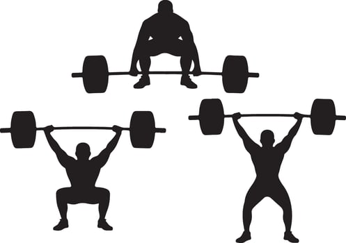 Set of strong men lifting weights, Black and white silhouette illustration vector