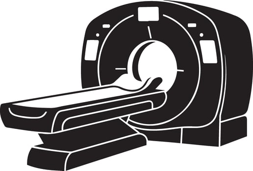 Black and white silhouette illustration of a medical CT scan machine. vector