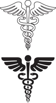 Medical Caduceus and Rod of Asclepius symbols silhouette, black outline and filled health icons set vector