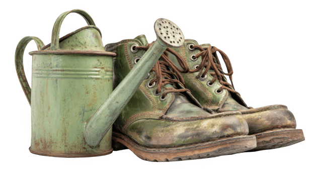 Rusty watering can and old work boots on transparent background png