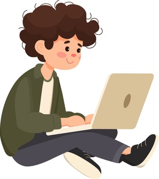 Young boy coding on laptop at home environment character art vector