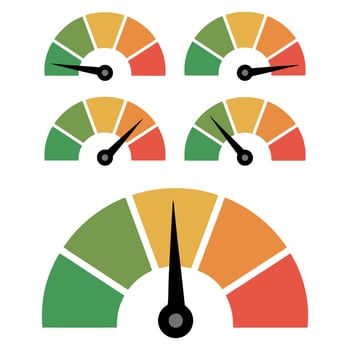 Set of Colorful Speedometer Gauges with Needles Indicating Different Levels Isolated on White Background for Performance and Progress Tracking vector