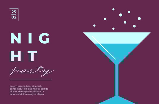 Flat night party poster with abstract cocktail glasses and geometric shapes. Trendy summer vibe with modern typography. Ideal for bar menu, event flyer or disco celebration banner. illustration vector
