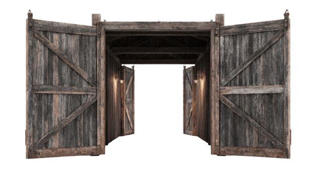 Open barn doors revealing dim interior with transparent background png