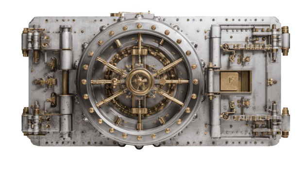 Massive vault door with intricate locking mechanism on transparent background png