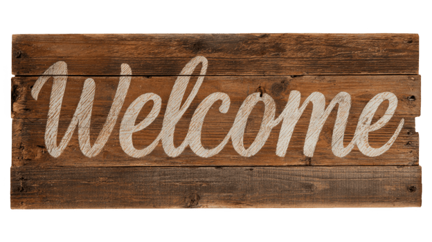 Welcome sign on rustic wooden plank with transparent background png