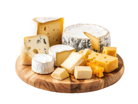 Variety of gourmet cheeses on a wooden platter for tasting png