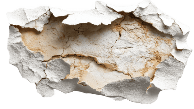 Torn wallpaper exposing cracked plaster on transparent background png