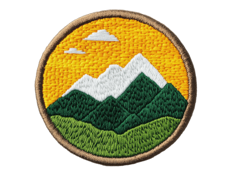Mountain landscape embroidery patch for outdoor adventures png
