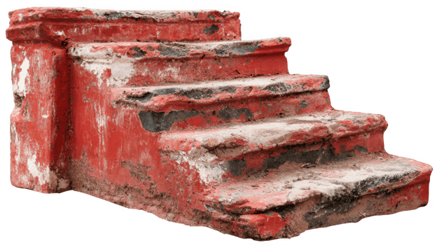 Old red painted concrete staircase with chipped paint on transparent background png