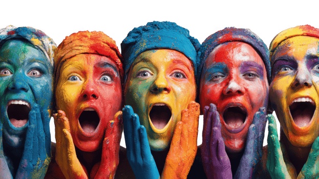 Enthusiastic fans with colorful painted faces cheering and clapping with excitement on transparent background png