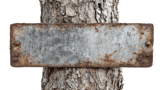 Rusty metal sign nailed to a tree trunk with transparent background png