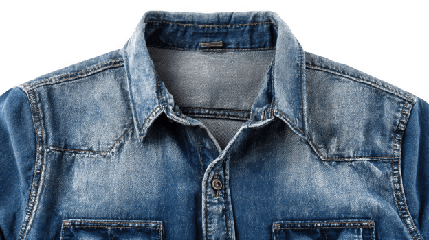 Close up of blue denim shirt showing collar, button, and pocket detail on transparent background png