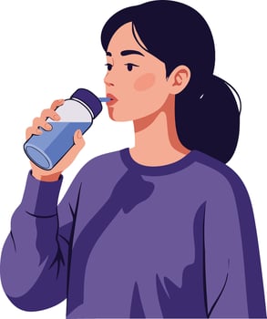 Young woman drinking water from bottle wearing purple sweater healthy hydration lifestyle illustration vector