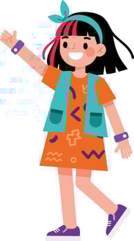 Happy smiling girl with colorful hair waving hand wearing orange dress and teal vest illustration vector