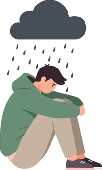 Sad young man sitting under rain cloud with drops and feeling lonely and depressed illustration vector