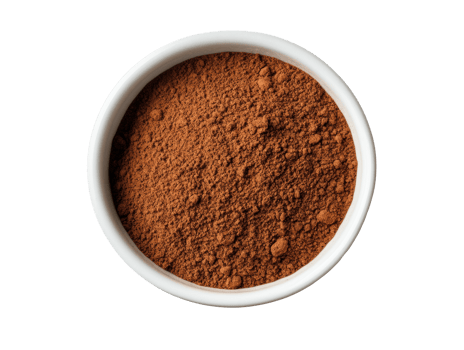Ground cocoa powder in white bowl for baking and cooking png