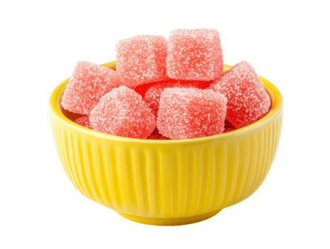 Sweet and colorful gummy candies in a yellow bowl png