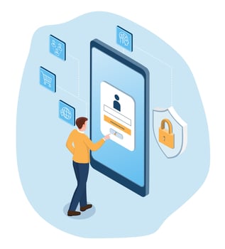 AI-powered login security with Businessman views password popup at smartphone's screen, icons signifying security features, social media, online shopping, and protective shield with a padlock. vector