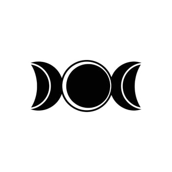A simple, graphic representation of the Triple Moon Goddess symbol, featuring three crescent moons and a central circle, all in solid black against a white backdrop. vector