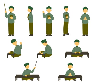 A illustration set featuring a Muslim teacher , Ustadz character in various poses, expressing teaching, guiding, and interacting gestures. Ideal for educational, religious, and Islamic themed vector