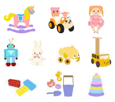 A colorful illustration set featuring trendy and stylish children toys, perfect for kids product designs, advertisements, and educational visuals. vector
