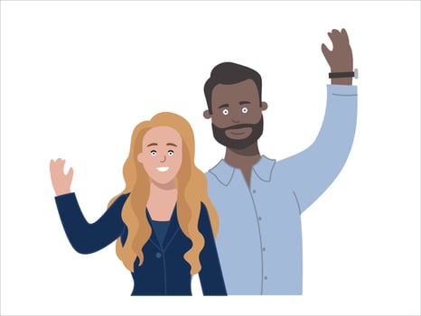 Portrait of two young people dressed in business clothes greeting and smiling. Happy, dark-skinned bearded man hugs Blonde woman from behind vector