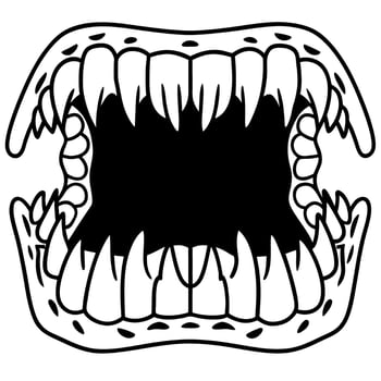Open monstrous jaw with sharp fangs and pointed teeth, hand drawn black and white illustration, scary creature mouth vector