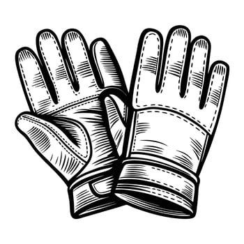 Black and white illustration of protective work gloves, detailed sketch in vintage vector