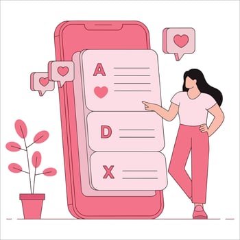Young woman answering online survey questions. Feedback collection concept in doodle flat style, isolated on white background. vector