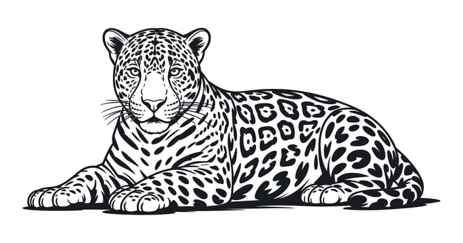Detailed Black and White Illustration of a Lying Jaguar a Powerful and Graceful Wild Cat with Distinctive Spotted Markings and Intense Gaze vector