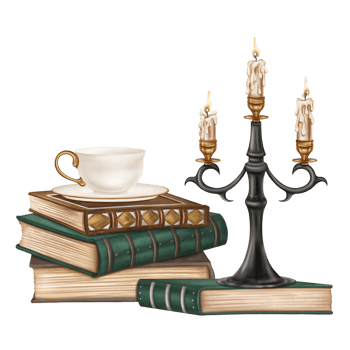 A vintage composition of old ornate hardback books in a stack, a black metal candelabra with candles and a porcelain cup of tea. Ancient literature, study, writing, and history. Isolated illustration png