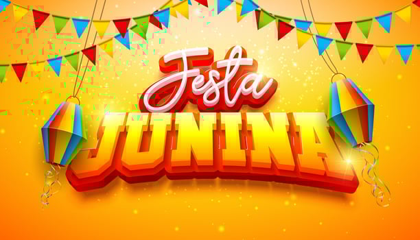 Festa Junina Illustration with Party Flags, Paper Lantern and 3d Typography Letter on Yellow Background. Brazil Sao Joao June Festival Design for Greeting Card, Banner or Holiday Poster. vector