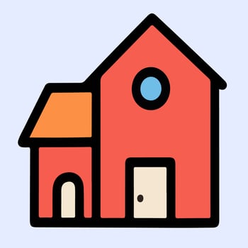 Red minimalist house icon with simple shape, black door, and light brown roof, outlined for cartoon style real estate or housing projects. vector