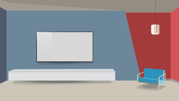 Modern living room with wall-mounted TV and modern armchair vector