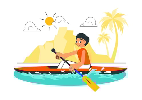 Group of People Sailing and Rowing on River in Cartoon Style Flat Illustration vector