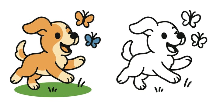 Coloring Book For Kids Cartoon Playful pup chasing butterflies Outline Design vector