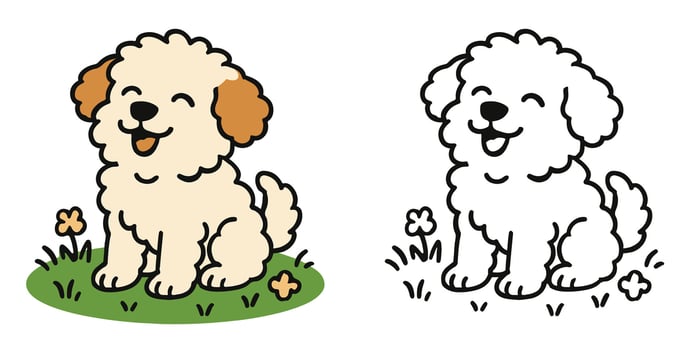 Coloring Book For Kids Cartoon Fluffy dog enjoying meadow Outline Design vector