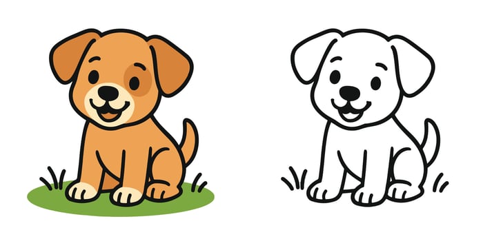 Coloring Book For Kids Cartoon Cute puppy on grass Outline Design vector