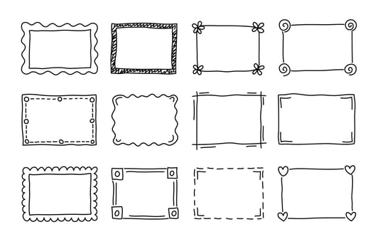 Set of hand drawn doodle frames, cute black and white sketch borders for design, simple illustration elements collection. vector